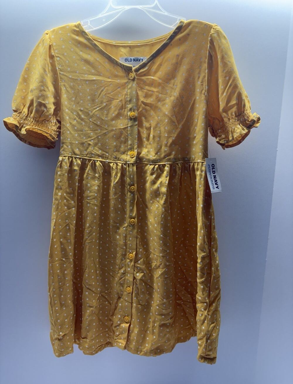 Old Navy Girls Yellow Polka Dot A-Line Dress 5T Cotton Puff Short Sleeve V-Neck
